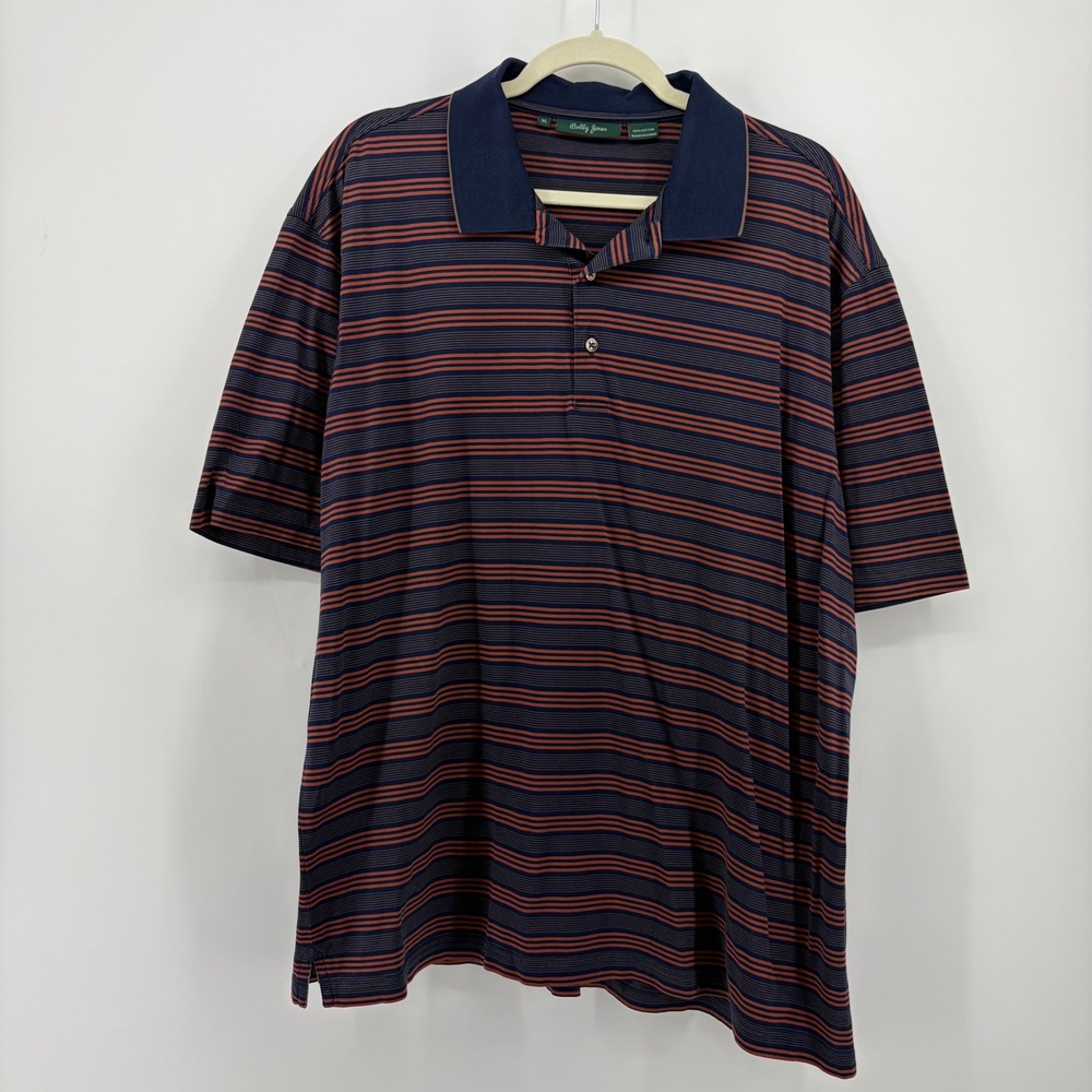 Bobby Jones Mens XL Navy Blue Orange Striped Polo Shirt Short Sleeve Cotton